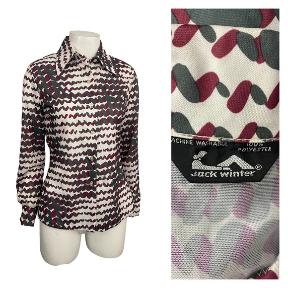 1970s Disco Pop Art Semi Sheer Button Up Blouse / Women’s Small - Picture 1 of 4